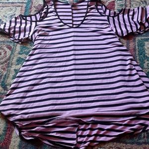 Medium/Large Black and pink striped shirt w/ open shoulders.